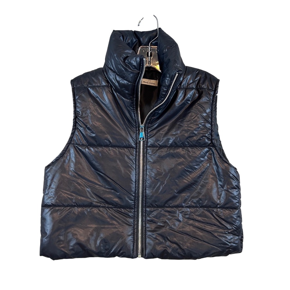Minimalist Womens Black Puffer Vest Quilted Full Zip Stand Collar Small Layering
